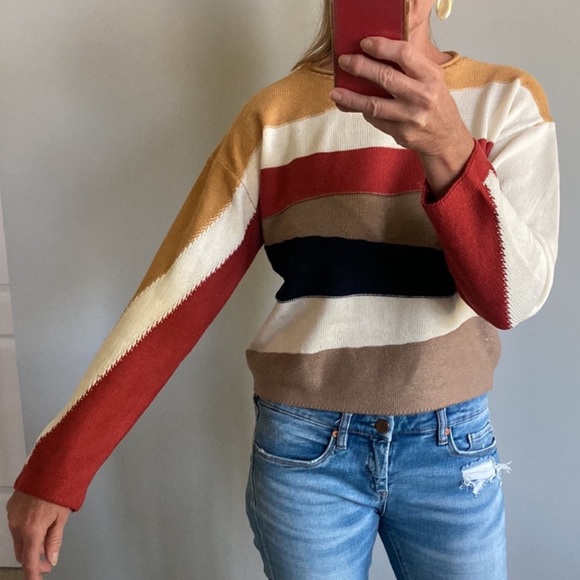 Cropped, Asymmetrical Stripe Long Sleeve Sweater - Picture 3 of 7